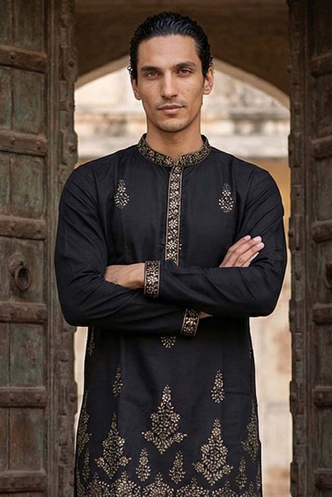 Black Silk Blend Embroidered Straight Kurta Sets MKSET2072