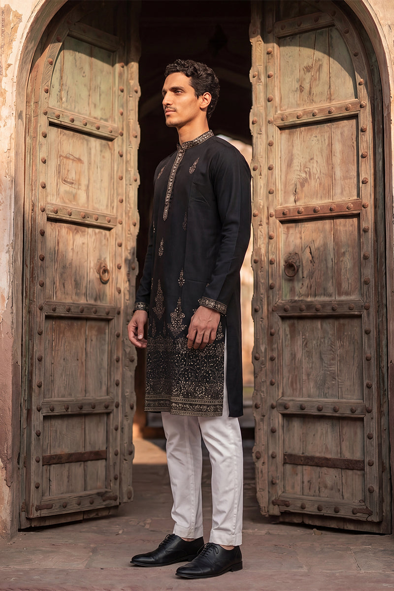 Black Silk Blend Embroidered Straight Kurta Sets MKSET2072