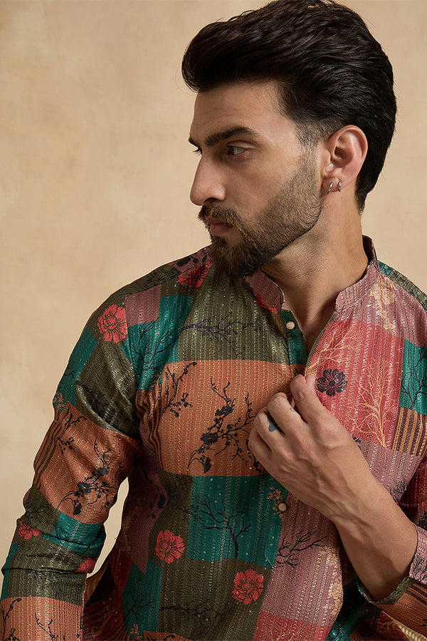 Multi Silk Blend Printed Straight Kurta With Trousers MKSET2077