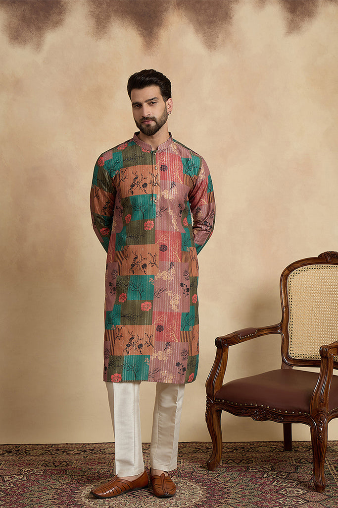 Multi Silk Blend Printed Straight Kurta With Trousers MKSET2077