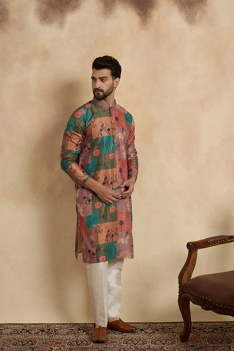 Multi Silk Blend Printed Straight Kurta With Trousers MKSET2077