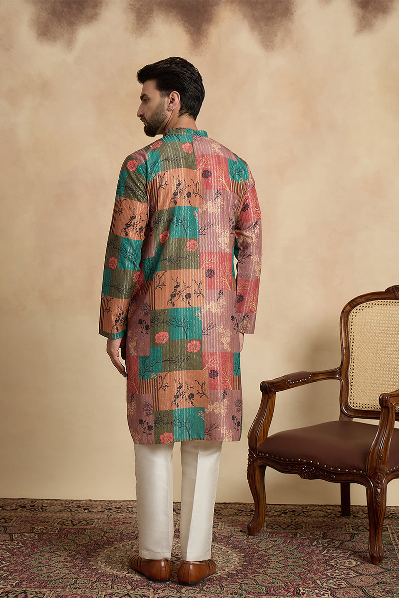Multi Silk Blend Printed Straight Kurta With Trousers MKSET2077