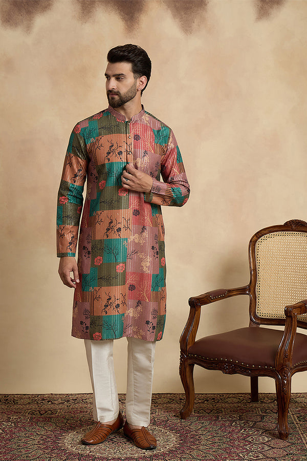 Multi Silk Blend Printed Straight Kurta With Trousers MKSET2077
