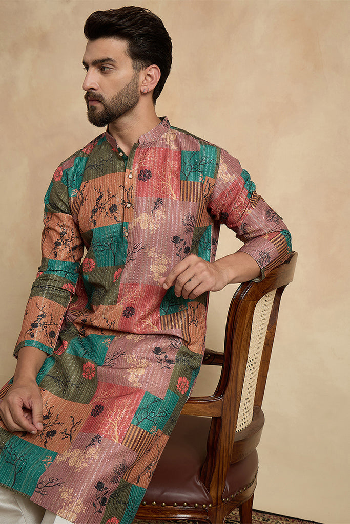 Multi Silk Blend Printed Straight Kurta With Trousers MKSET2077