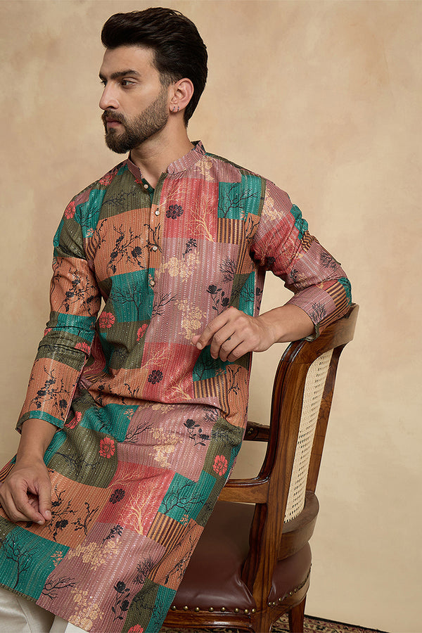 Multi Silk Blend Printed Straight Kurta With Trousers MKSET2077