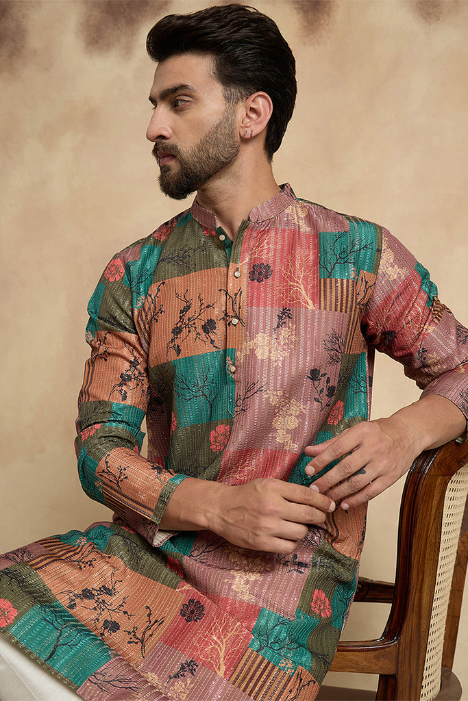 Multi Silk Blend Printed Straight Kurta With Trousers MKSET2077