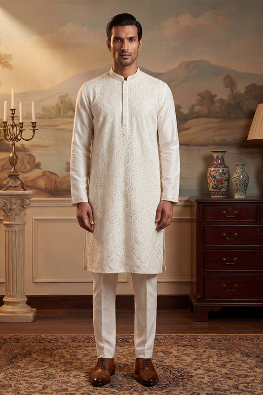 Off White Silk Blend Embroidered Straight Kurta MKU2082