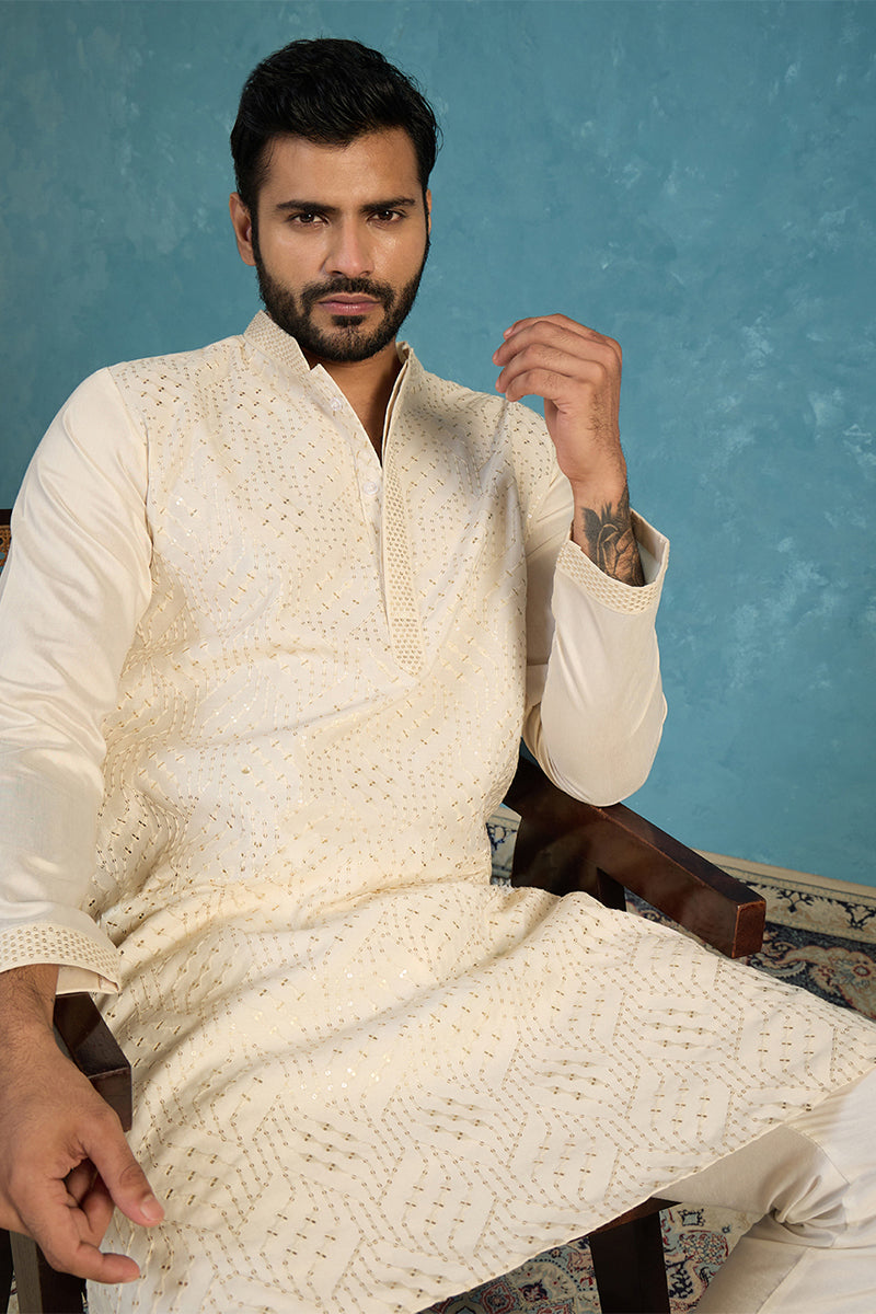 Off White Silk Blend Embroidered Straight Kurta MKU2082