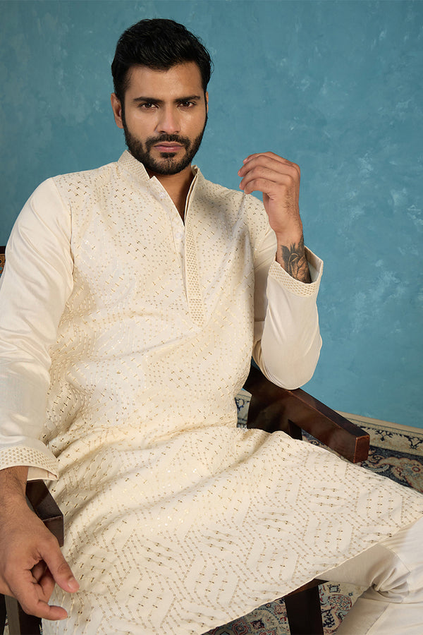 Off White Silk Blend Embroidered Straight Kurta MKU2082