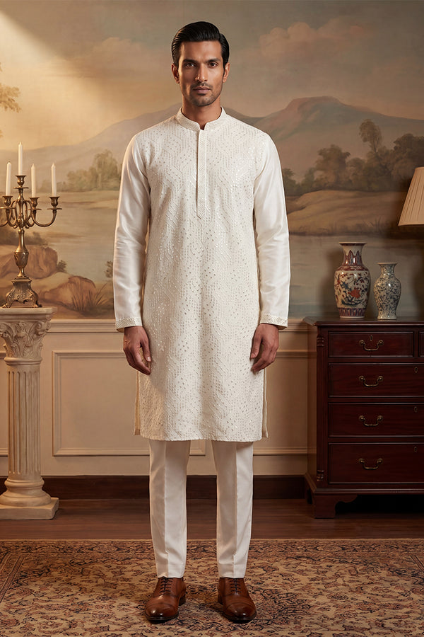 Off White Silk Blend Embroidered Straight Kurta MKU2082