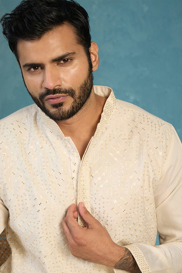 Off White Silk Blend Embroidered Straight Kurta MKU2082