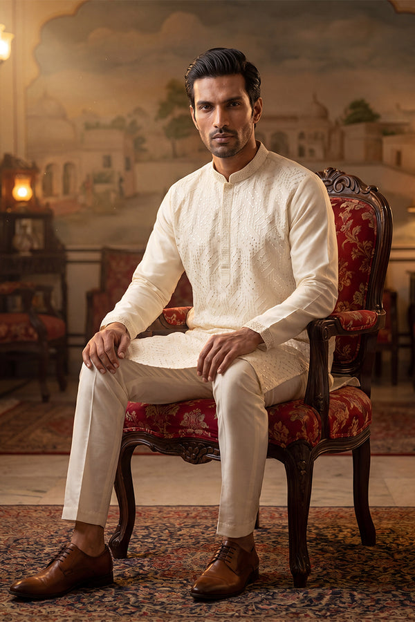 Off White Silk Blend Embroidered Straight Kurta Sets MKSET2082
