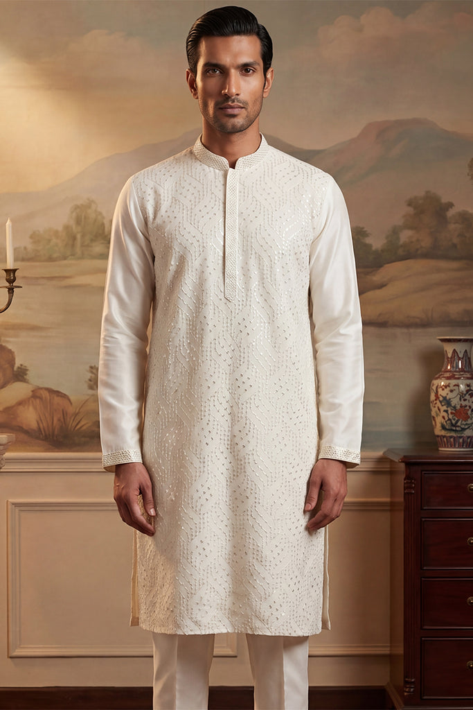 Off White Silk Blend Embroidered Straight Kurta MKU2082