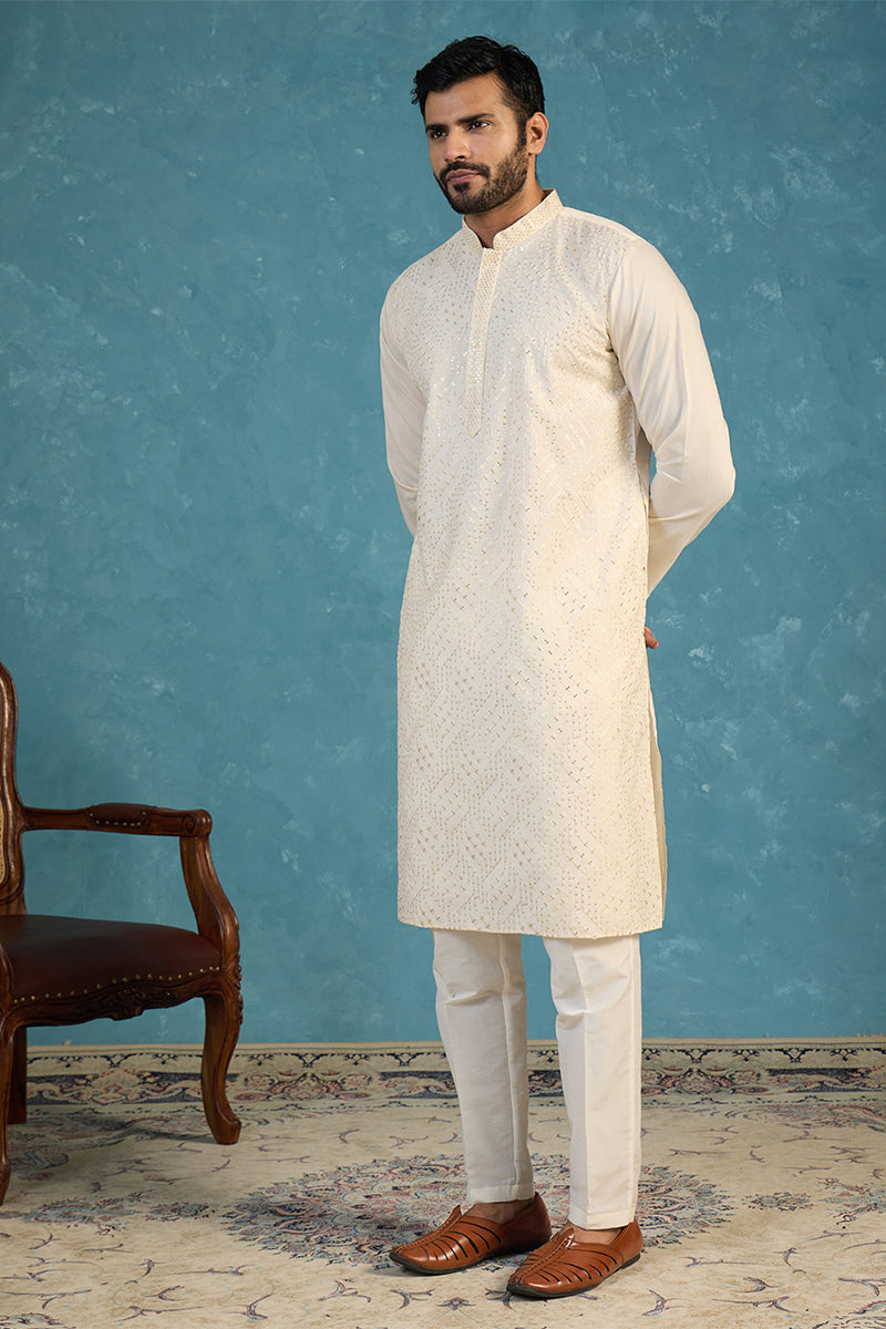 Off White Silk Blend Embroidered Straight Kurta Sets MKSET2082