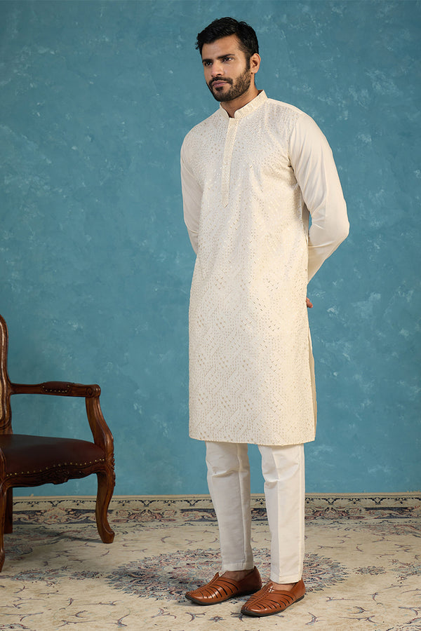 Off White Silk Blend Embroidered Straight Kurta Sets MKSET2082