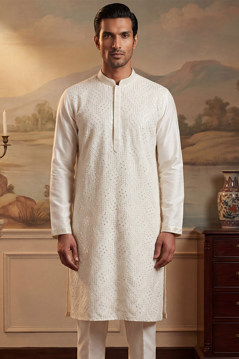 Off White Silk Blend Embroidered Straight Kurta Sets MKSET2082