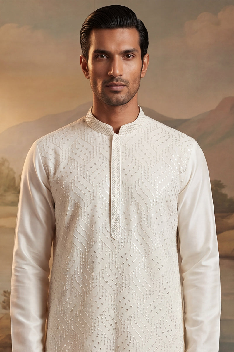 Off White Silk Blend Embroidered Straight Kurta Sets MKSET2082