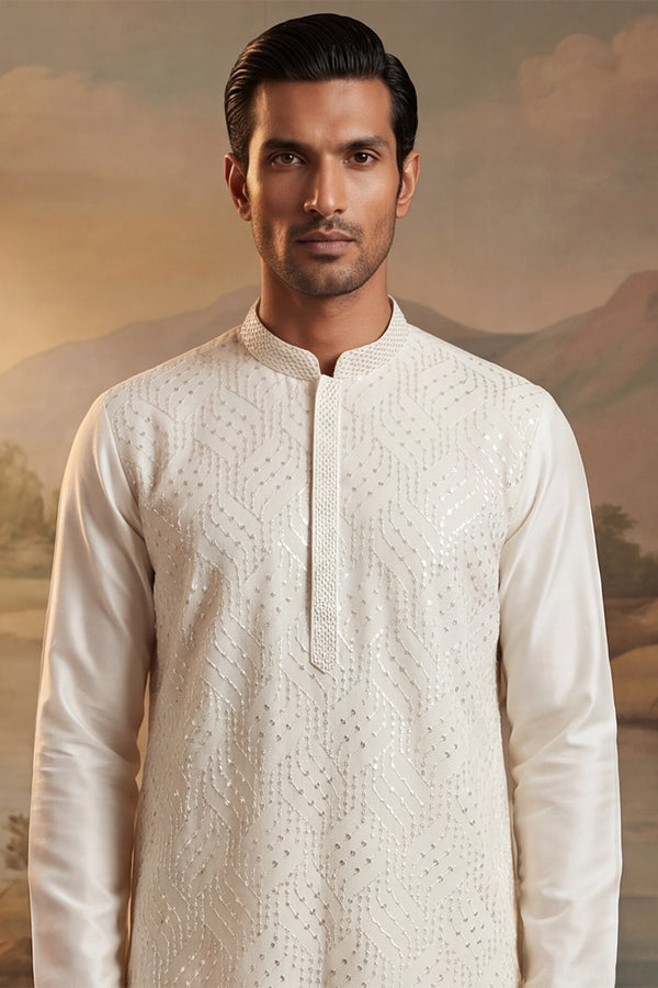 Off White Silk Blend Embroidered Straight Kurta Sets MKSET2082