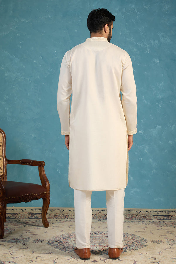 Off White Silk Blend Embroidered Straight Kurta MKU2082