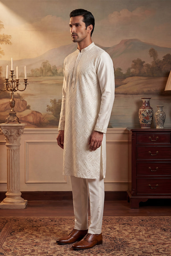 Off White Silk Blend Embroidered Straight Kurta MKU2082