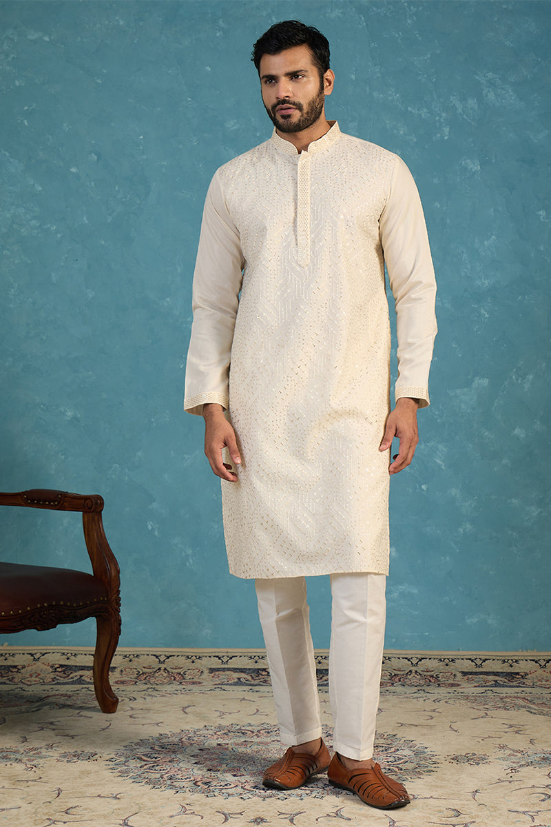 Off White Silk Blend Embroidered Straight Kurta MKU2082