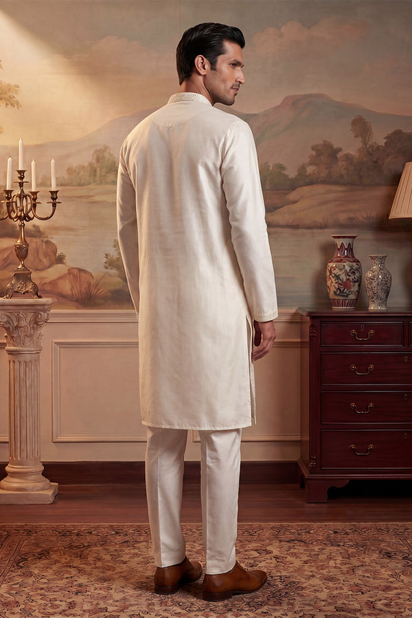 Off White Silk Blend Embroidered Straight Kurta Sets MKSET2082