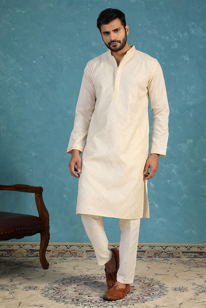 Off White Silk Blend Embroidered Straight Kurta Sets MKSET2082