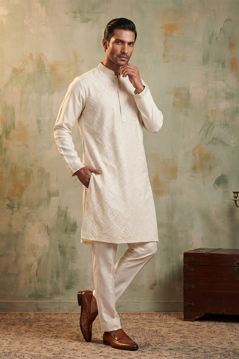 Off White Silk Blend Embroidered Straight Kurta Sets MKSET2082