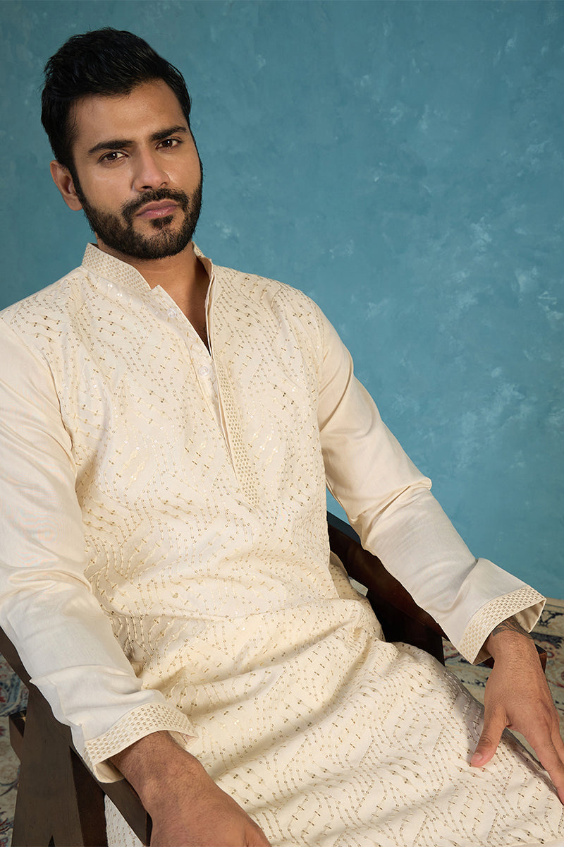 Off White Silk Blend Embroidered Straight Kurta MKU2082