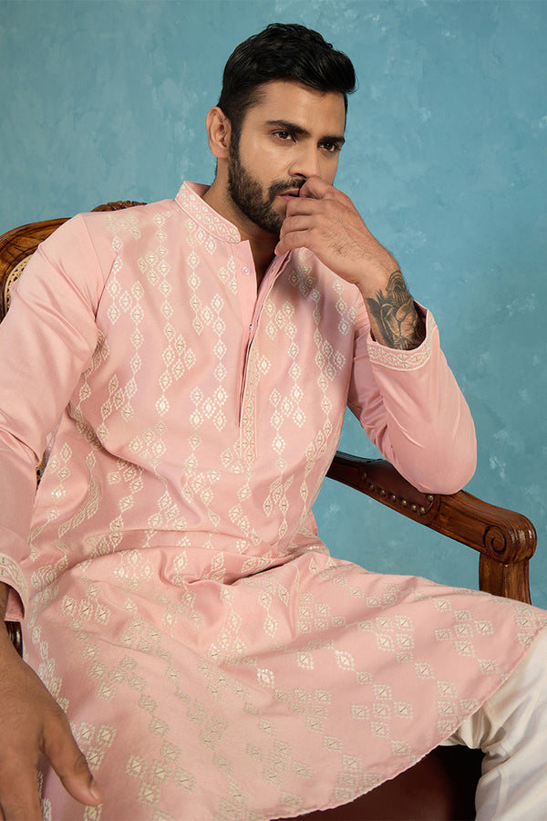 Pink Silk Blend Solid Embroidered Kurta With Trousers MKSET2088