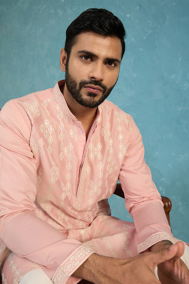 Pink Silk Blend Solid Embroidered Kurta With Trousers MKSET2088
