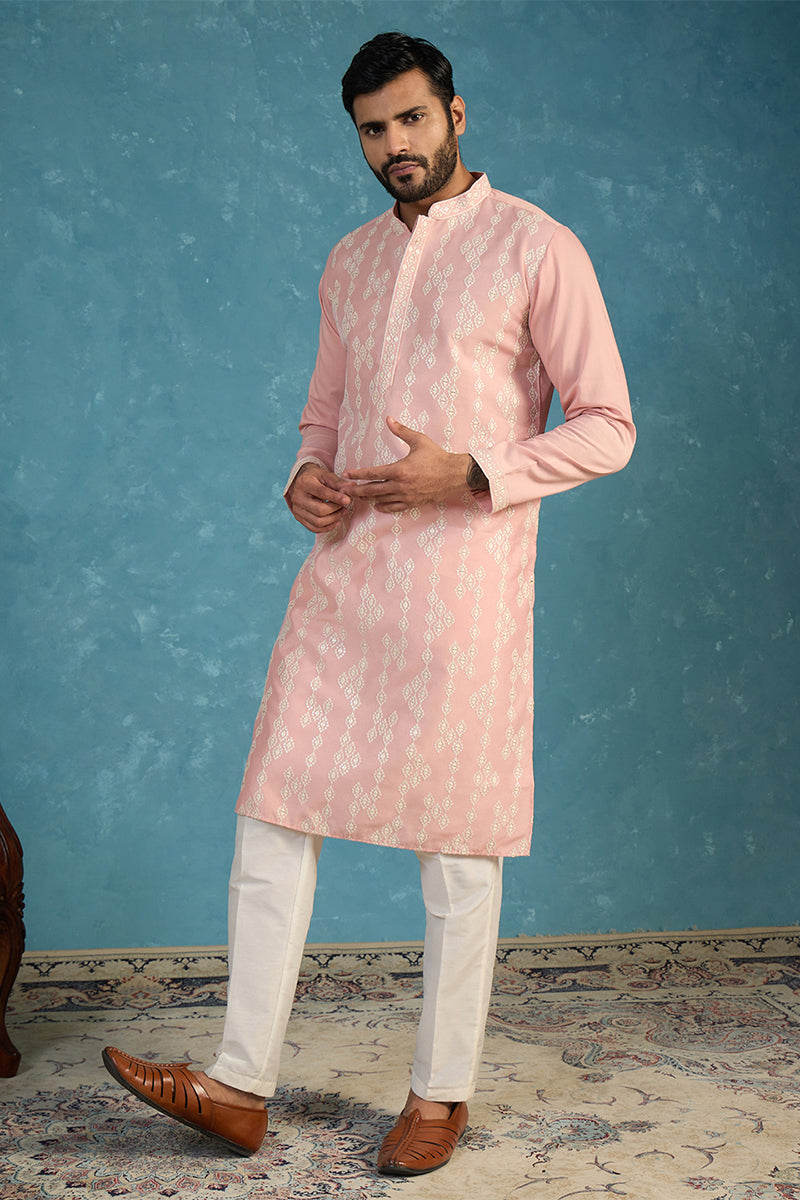 Pink Silk Blend Solid Embroidered Kurta With Trousers MKSET2088