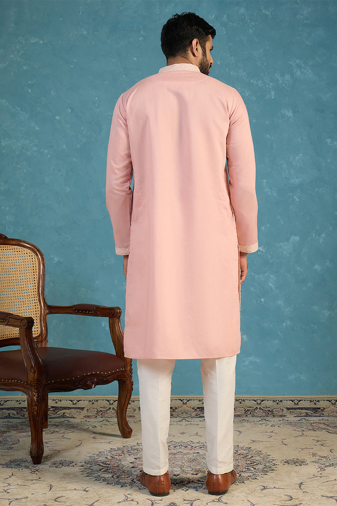 Pink Silk Blend Solid Embroidered Kurta With Trousers MKSET2088
