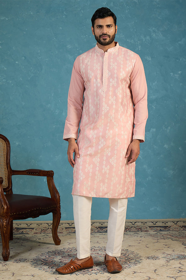 Pink Silk Blend Solid Embroidered Kurta With Trousers MKSET2088
