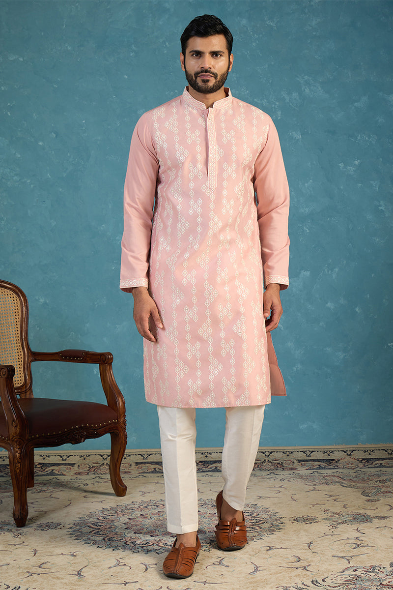Pink Silk Blend Solid Embroidered Kurta With Trousers MKSET2088