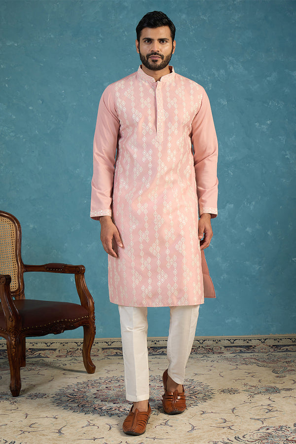 Pink Silk Blend Solid Embroidered Kurta With Trousers MKSET2088