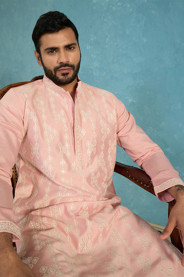Pink Silk Blend Solid Embroidered Kurta With Trousers MKSET2088