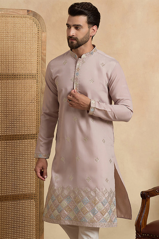 Lavender Silk Blend Embroidered Straight Kurta With Trousers MKSET2094