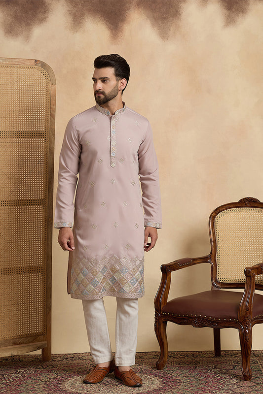 Lavender Silk Blend Embroidered Straight Kurta With Trousers MKSET2094