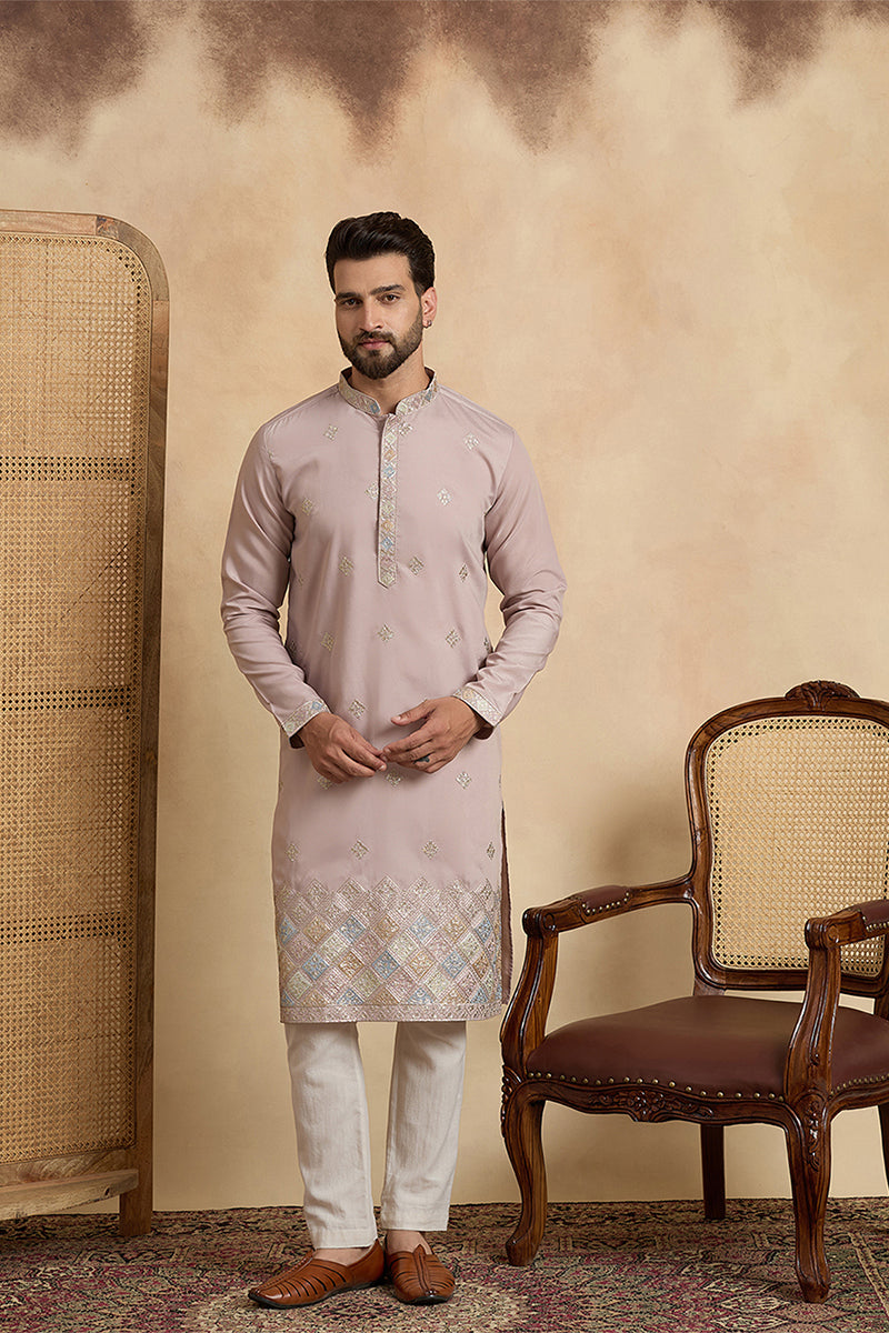 Lavender Silk Blend Embroidered Straight Kurta With Trousers MKSET2094