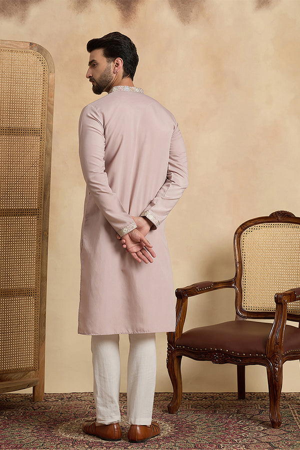 Lavender Silk Blend Embroidered Straight Kurta With Trousers MKSET2094