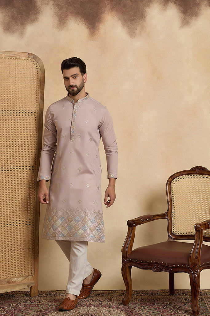 Lavender Silk Blend Embroidered Straight Kurta With Trousers MKSET2094