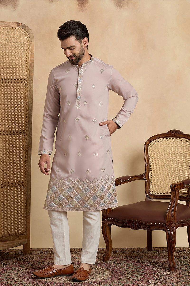 Lavender Silk Blend Embroidered Straight Kurta With Trousers MKSET2094