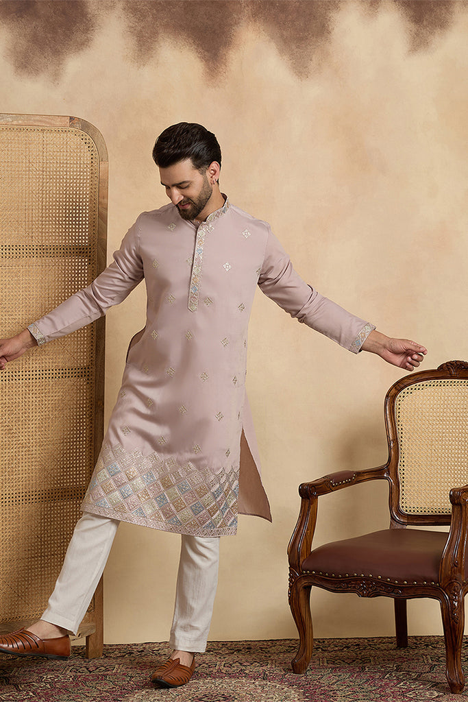 Lavender Silk Blend Embroidered Straight Kurta MKU2094