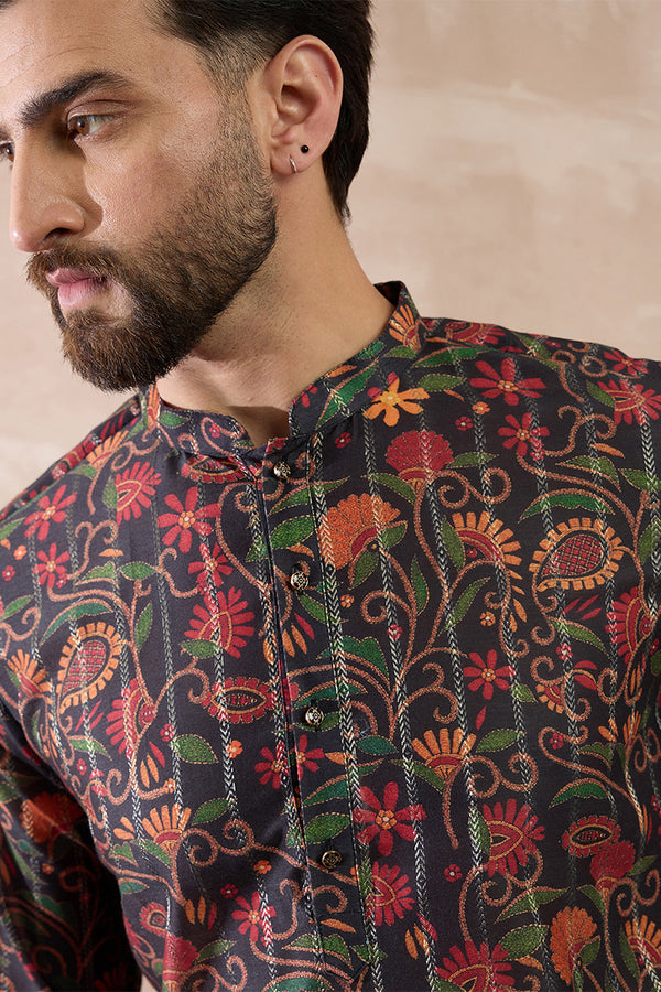 Black Silk Blend Embroidered Mandarin Collar Straight Kurta MKU2096