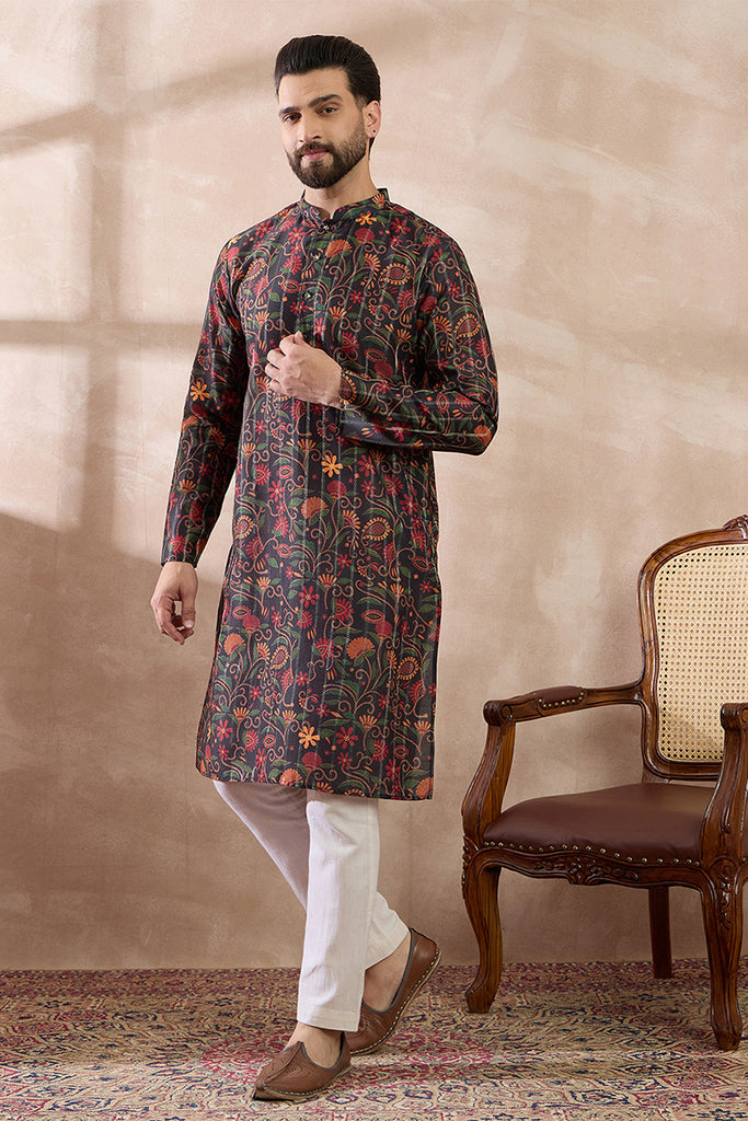 Black Silk Blend Embroidered Mandarin Collar Straight Kurta MKU2096
