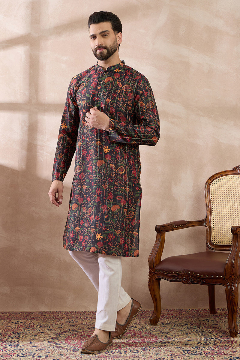 Black Silk Blend Embroidered Mandarin Collar Straight Kurta With Trouser MKSET2096