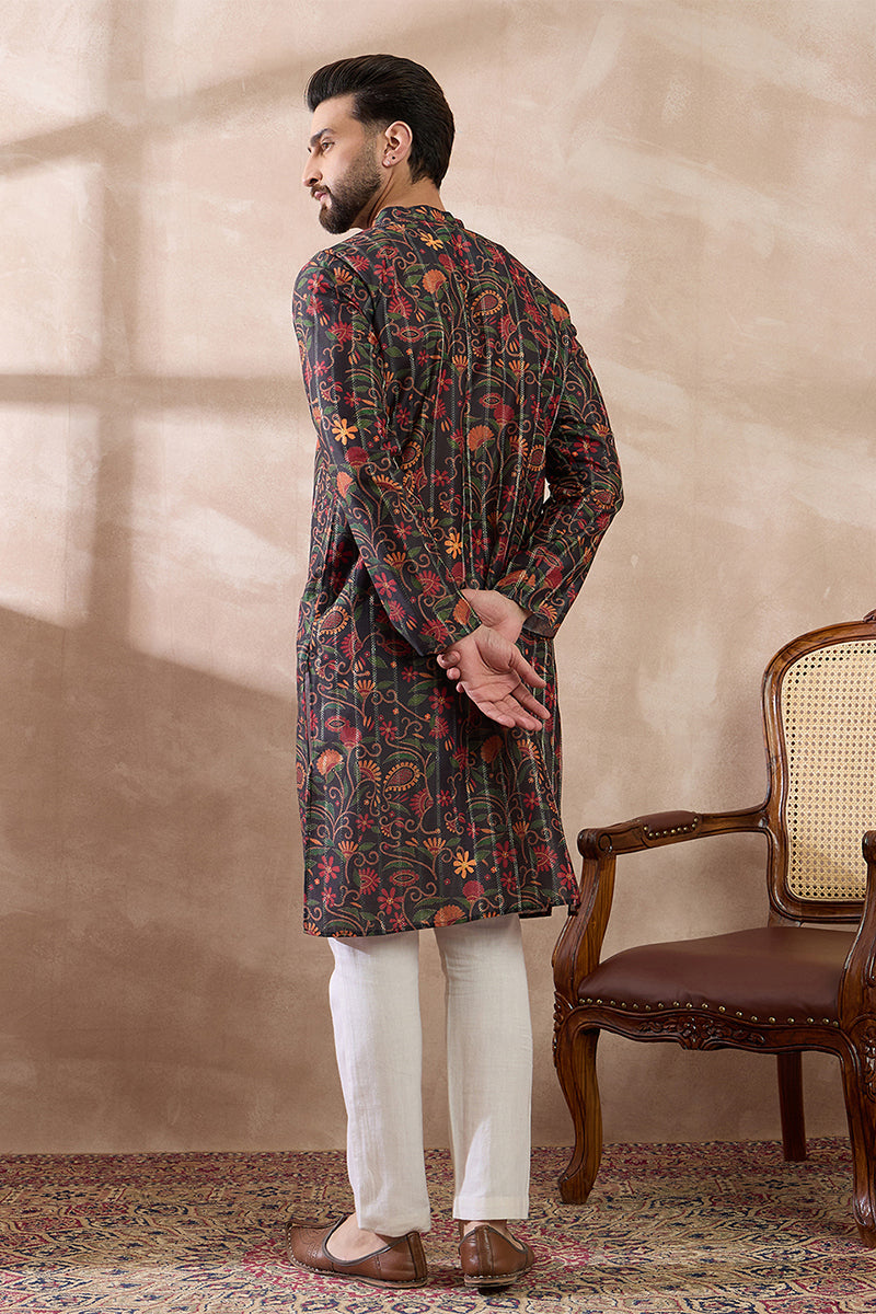 Black Silk Blend Embroidered Mandarin Collar Straight Kurta MKU2096