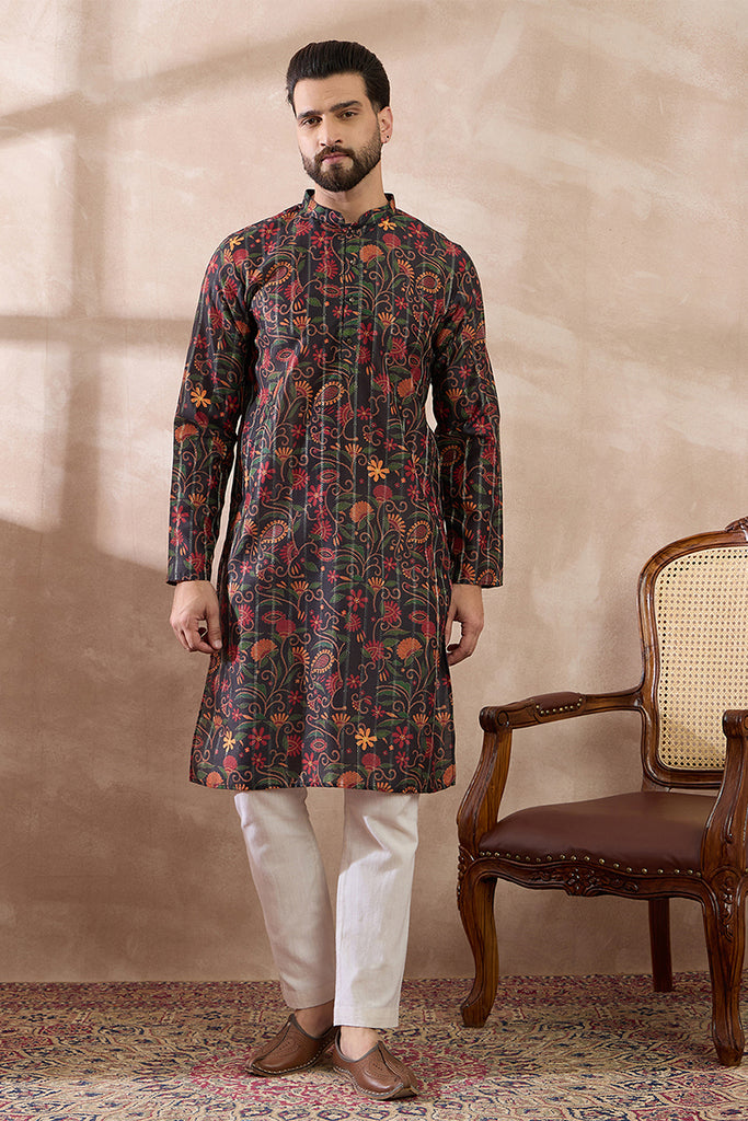 Black Silk Blend Embroidered Mandarin Collar Straight Kurta MKU2096