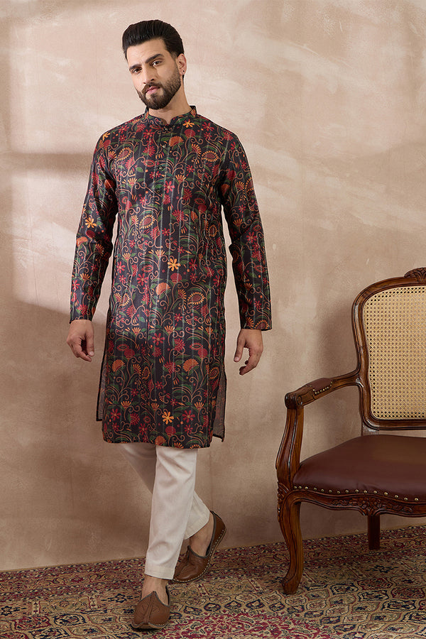 Black Silk Blend Embroidered Mandarin Collar Straight Kurta MKU2096